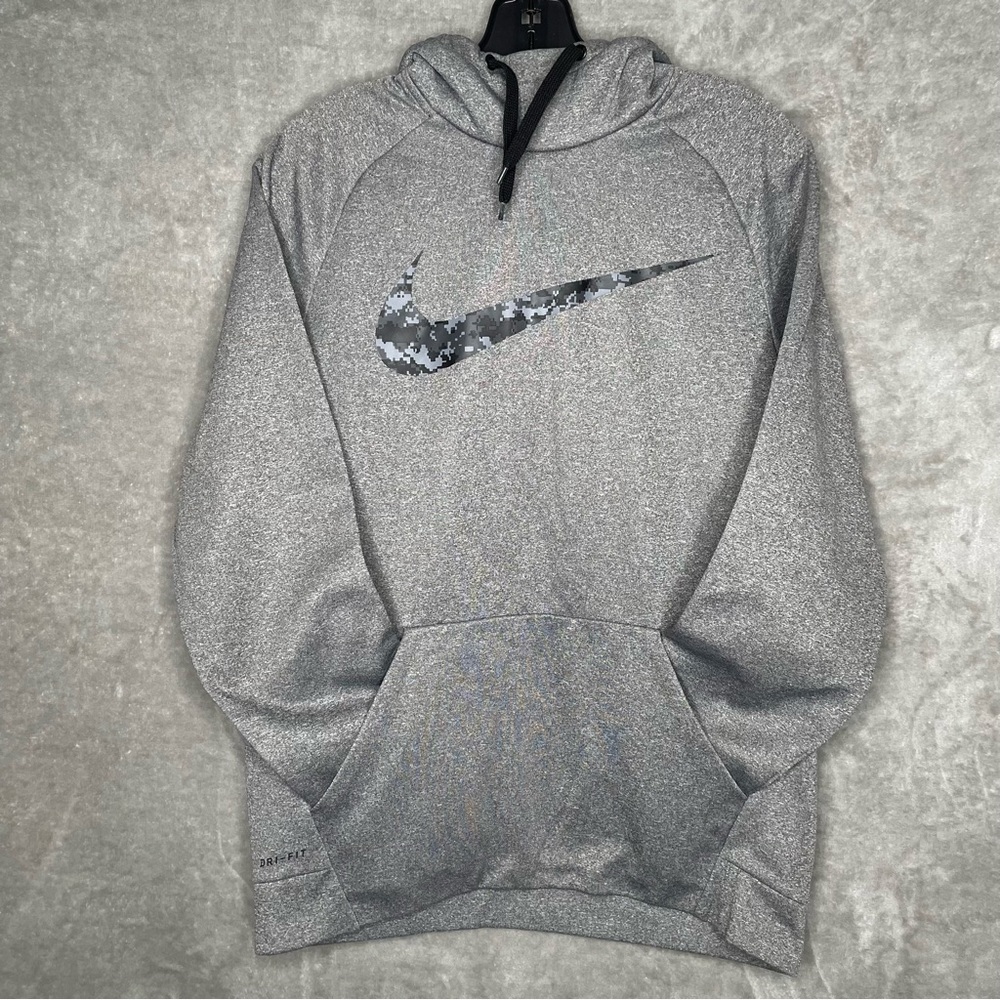 Nike Dri-Fit Gray Digital Camo Swoosh Pullover Hoodie Kangaroo Pocket Size M